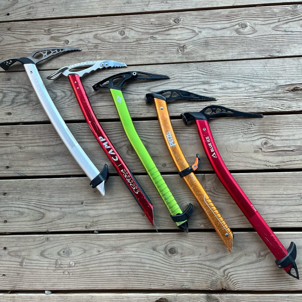 A healthy spread- Left to Right: Blue Ice Hummingbird, Camp Corsa Nanotech, BD Venom LT, Petzl Gully, Blue Ice Akila