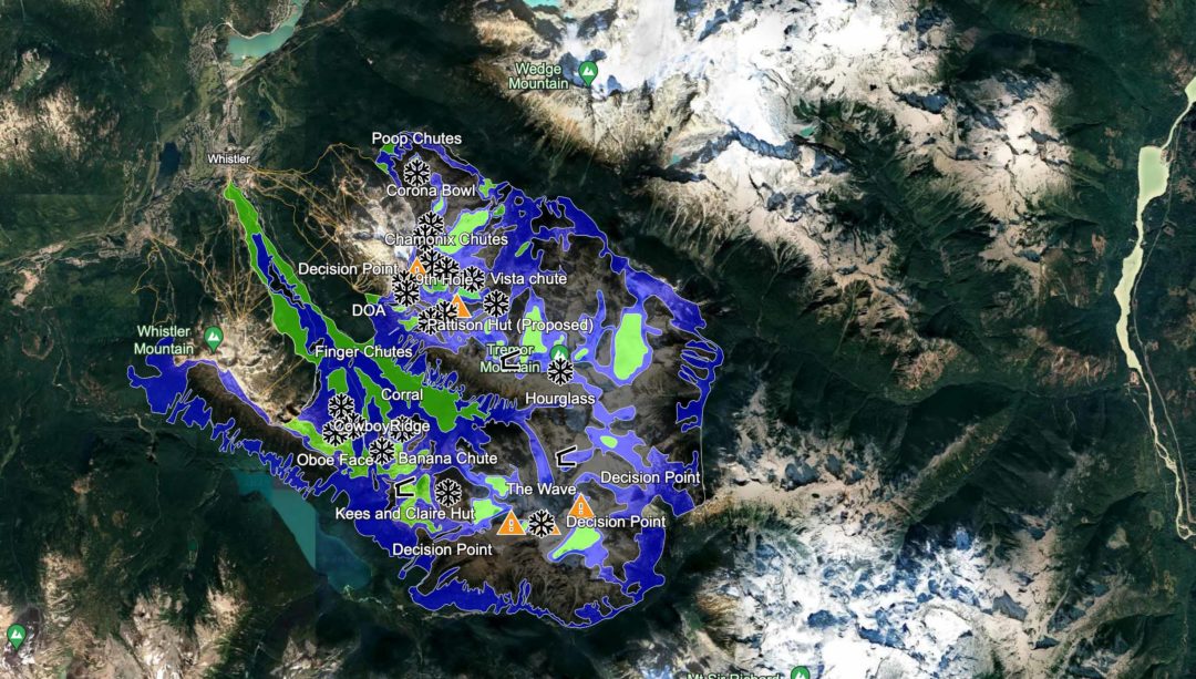 The KMZ file (downloaded from the Avalanche Canada trip planner) and imported into Google Earth. The ATES data is overlaid on Google Earth's sat image.