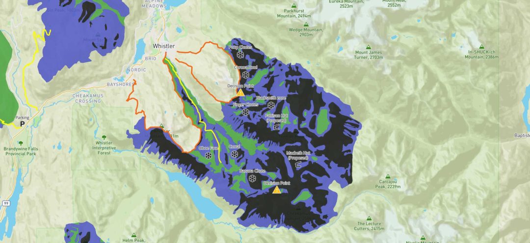 A semi-zoomed out view of the Whistler-Blackcomb region overlaid with ATES descriptions. This excellent trip planner is available on Avalanche Canada's site. 