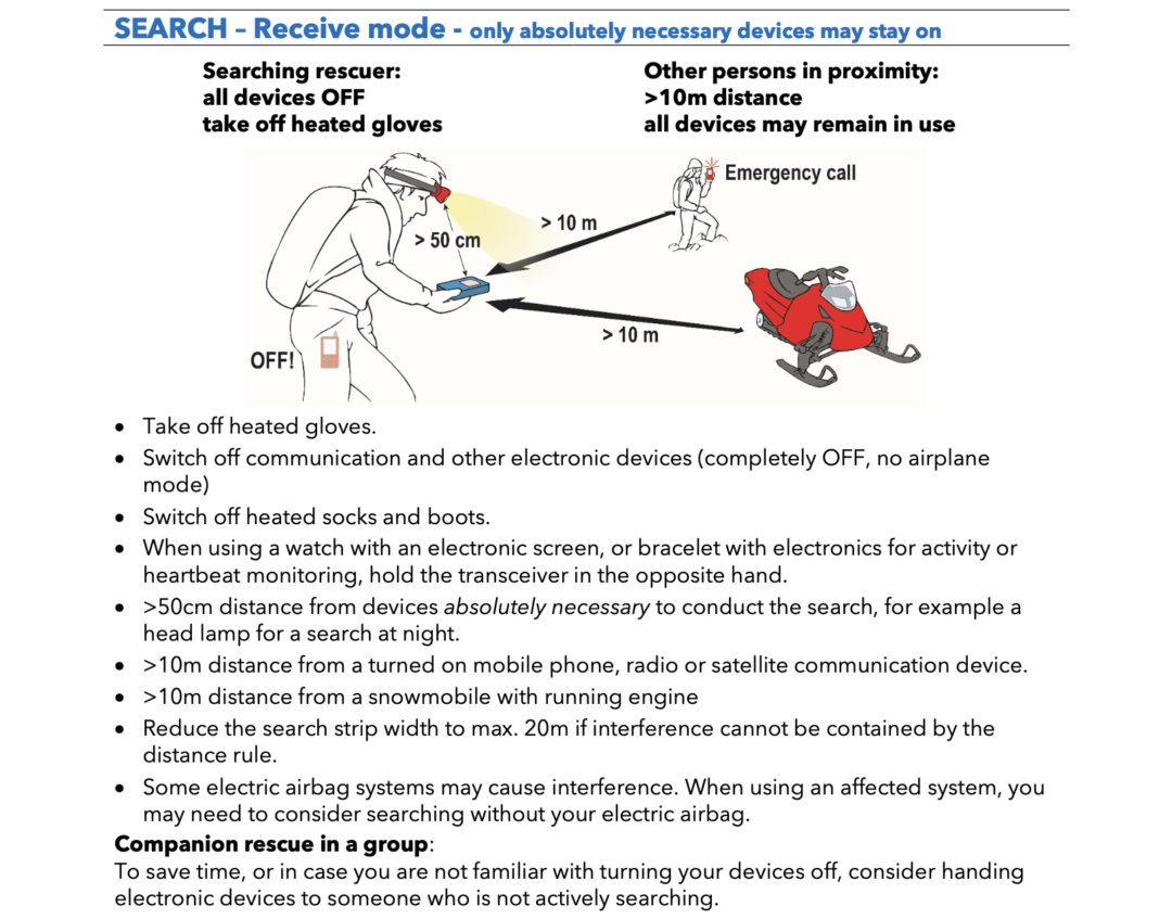 UIAA Search Recommendations. Screenshot from UIAA document regarding EMI and avalanche transceivers.