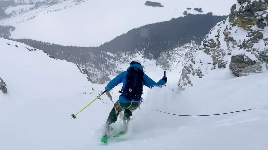 In this screen capture image, the author and his partner employ a belay for the ski cut as they are skiing a higher consequence piece of terrain without a great safe zone, and not much of an option to generate speed.