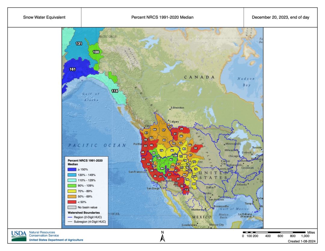 A deep contrast between SWE in AK and the lower 48 (Western basins) on December 20, 2023.