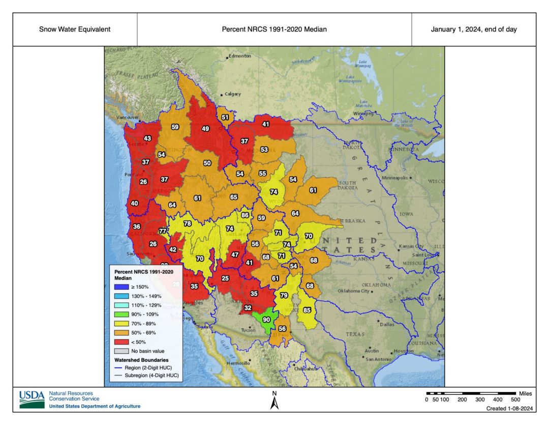 SWE basin wide on Jan. 1, 2024.