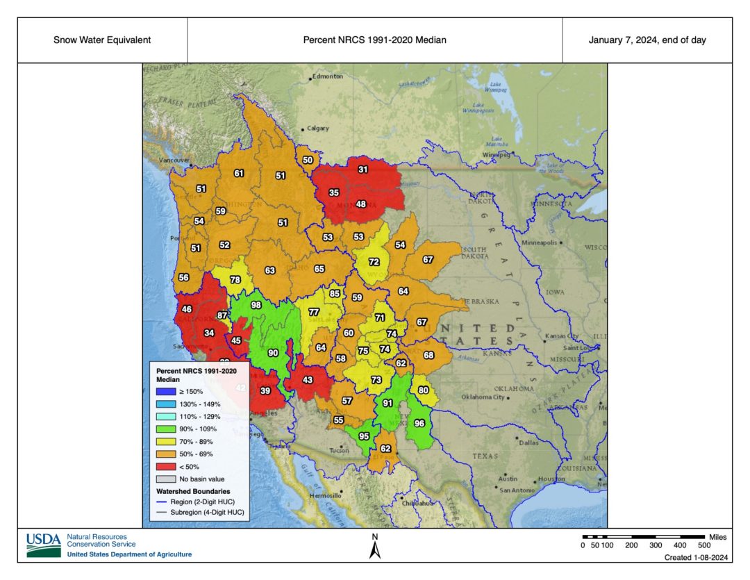 SWE basin wide on Jan. 7, 2024.