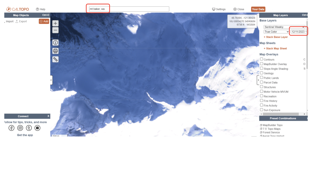 As an example, the image above was taken on 11-Dec-2023 of the northwest side of Mt. Baker. In it, you can clearly see the Coleman Glacier and its crevasses; a clear sign of early season conditions and a sad, thin snowpack