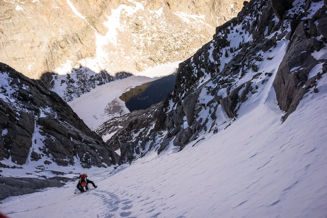 Understanding when a slope may be in sun, or shade, is a huge assist for spring trip planning. The booter is in place and the objective hazards are minimized on shady couloir. Photo: Alex Lee