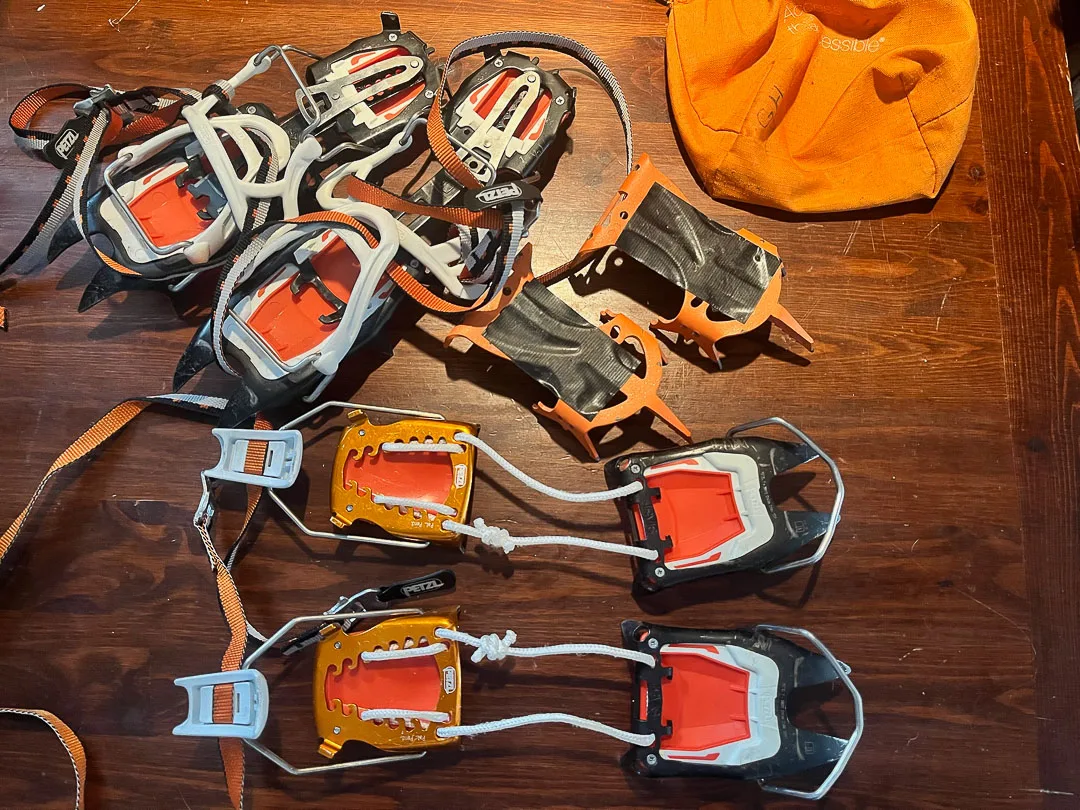 The Petzl playground: (top) Irvis—an all steel crampon, (right top) Dart non-modular mono-point steel front sections, (bottom) Irvis Hybrid.