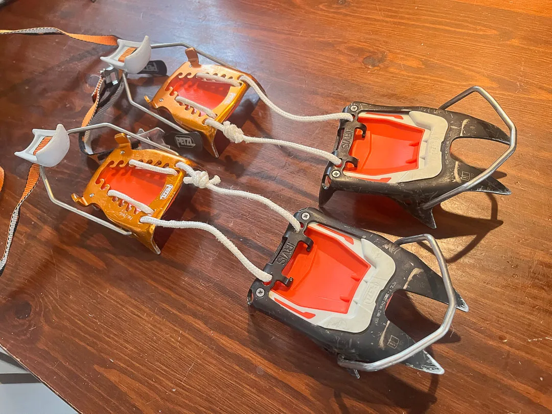 The classic Petzl Irvis Hybrid: 6 point steel front, Dyneema cord linkage, and aluminum rear section.