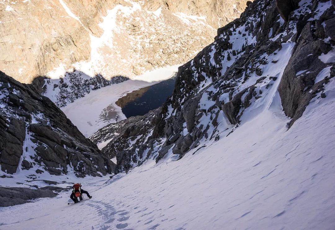 Booting up from Chasm Lake—a fine position for crampons. Photo: Alex Lee