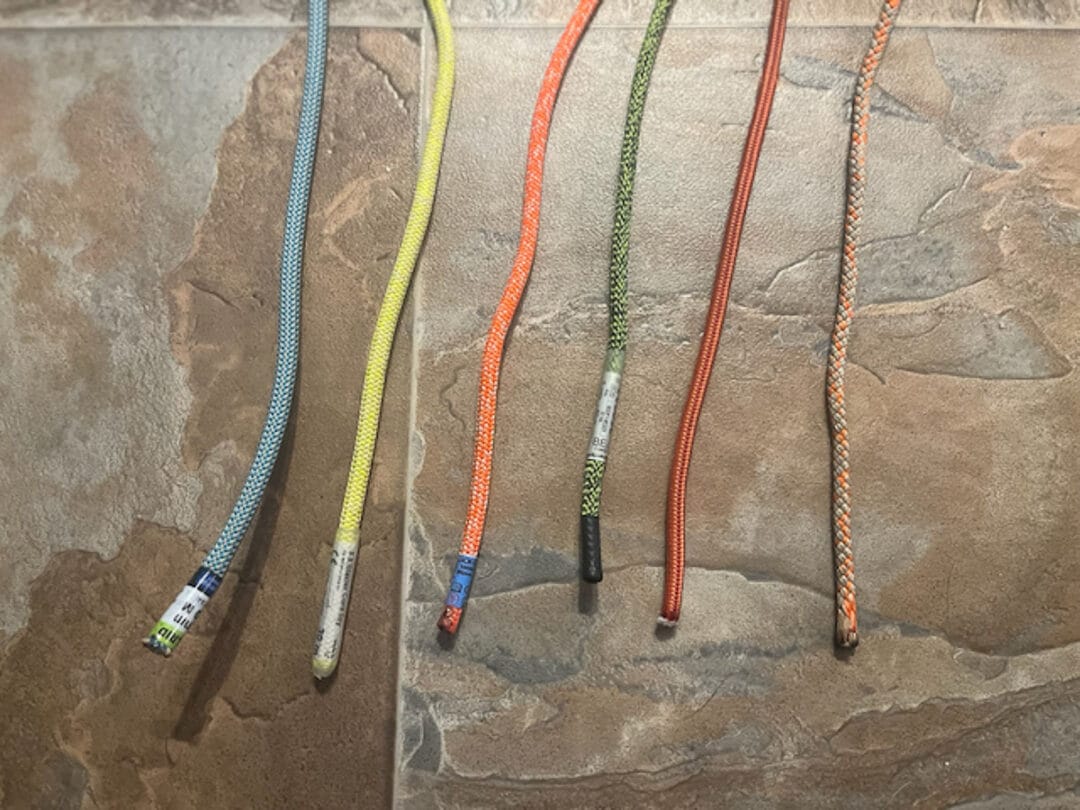 Left to right. Edelrid Rap Line, Mammut Glacier, CE4Y Slick Line, Beal Backup, Sterling VTX, Marlow r8.