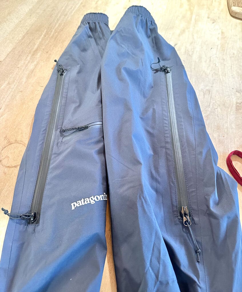 Two-way weatherproof side zips installed by local experts at Rugged Thread. The intent here is to broaden the range of these pants for high output activities from midwinter through spring.  