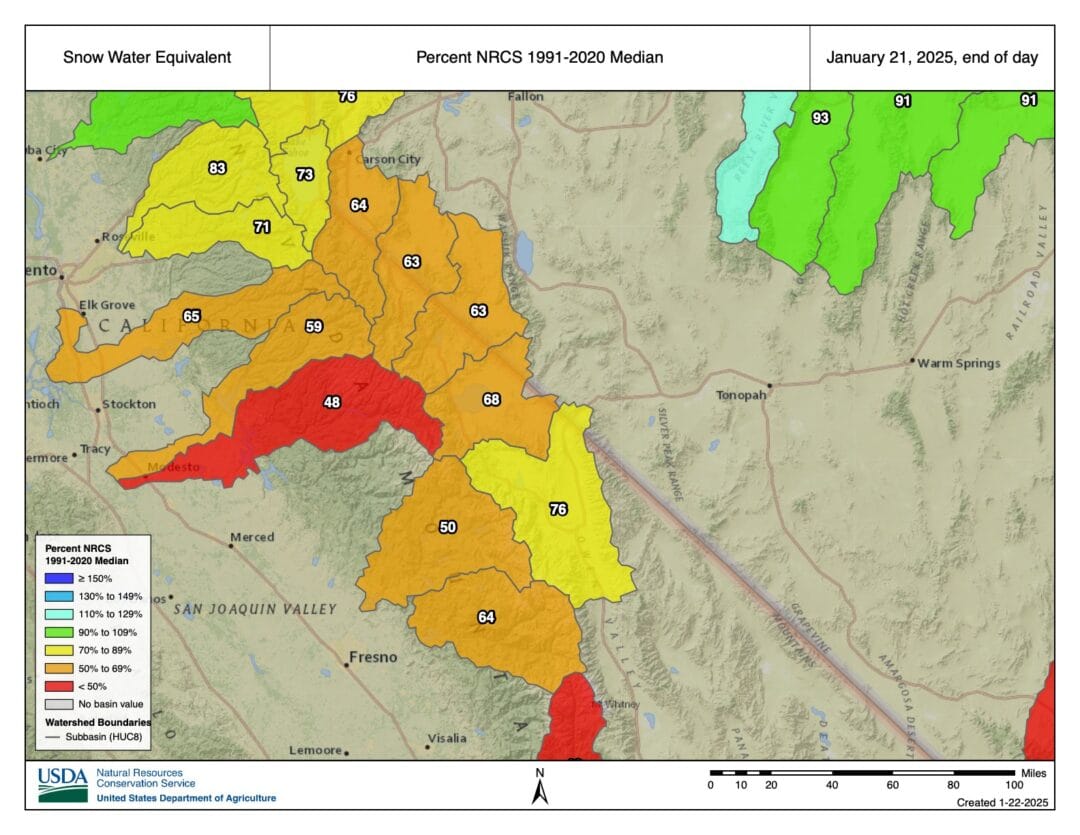 Let’s zoom in on the Sierra. Indeed, orange is not the color we’d like to see from a drought perspective or a fun-hog perspective. 