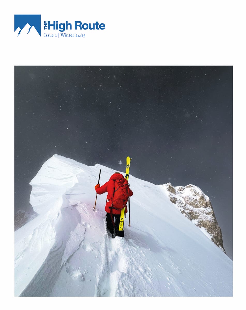 The cover of The High Route magazine cover 1: Adam Fabrikant nears the summit of Gasherbrum II. Photo: Billy Haas
