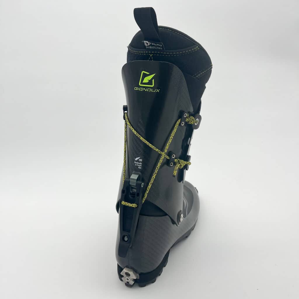 The tech fittings are quite wild—with the toes molded into the carbon and the heel bolted on with no heel lug surrounding it—just a ledge created by the top of the metal hardware