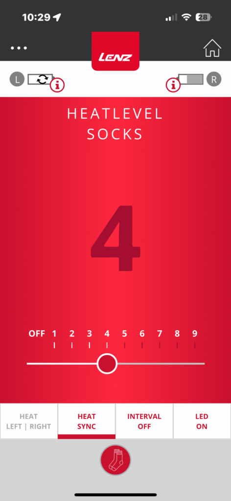 Heat sync screen. One setting for the left and right sock, respectively.