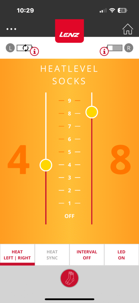 The Lenz app screen for setting heat level for the left and right sock.