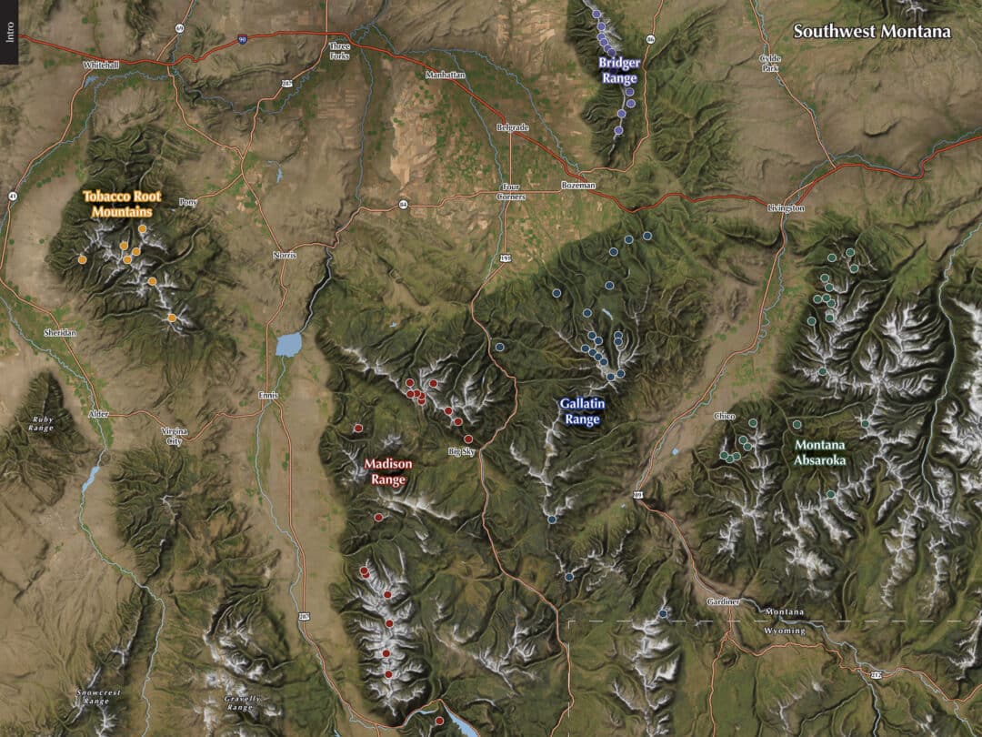 A map indicating the ranges covered in Peaks & Couloirs. Image: Peaks & Couloirs