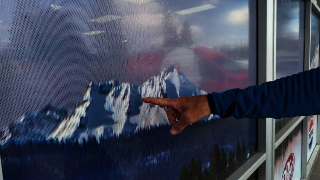 An as of yet unreleased photo from our local Quikie Mart. Barry points out a line on Broken Top. 