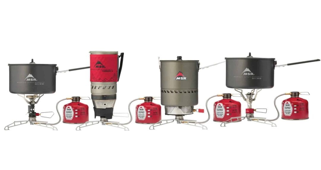 The MSR LowDown with several MSR stove systems. Photo: MSR
