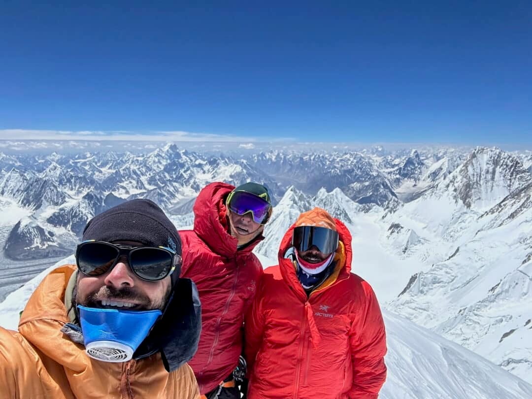 When choosing good partners, three is a magic number atop Gasherbrum I. From left to right: Haas, Brendan O’Neill, and Adam Fabrikant.