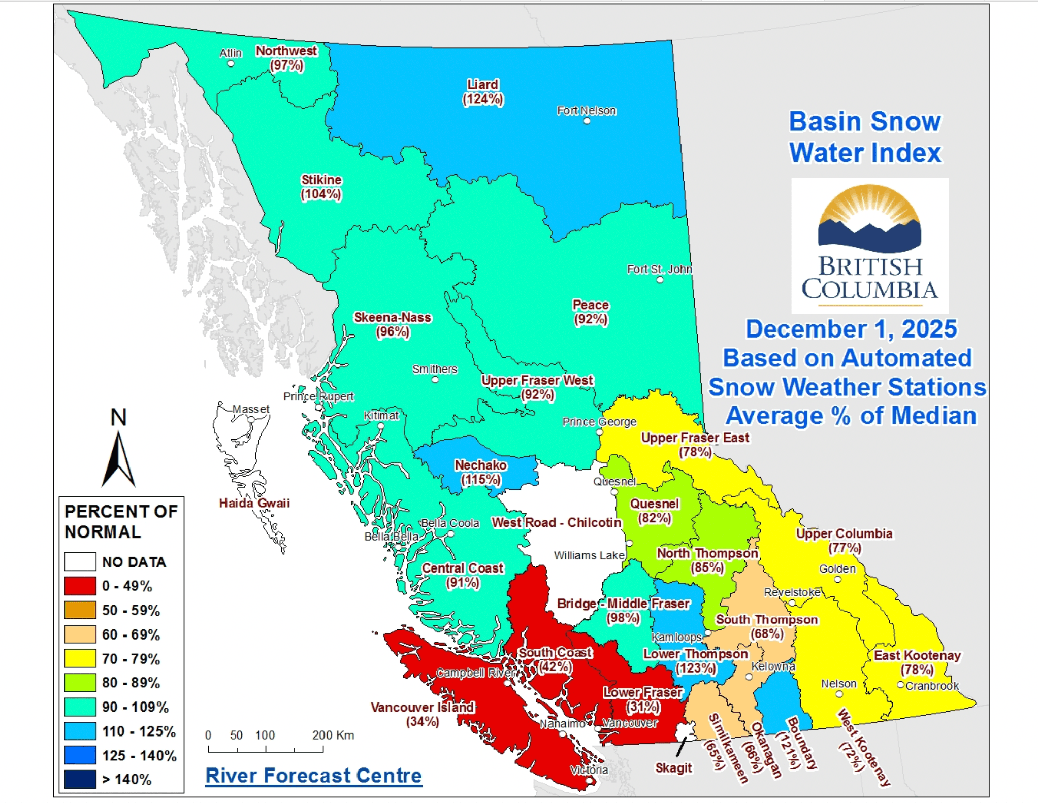 British Columbia SWE data from 12/1/25. Things, we believe, look better now up north.
