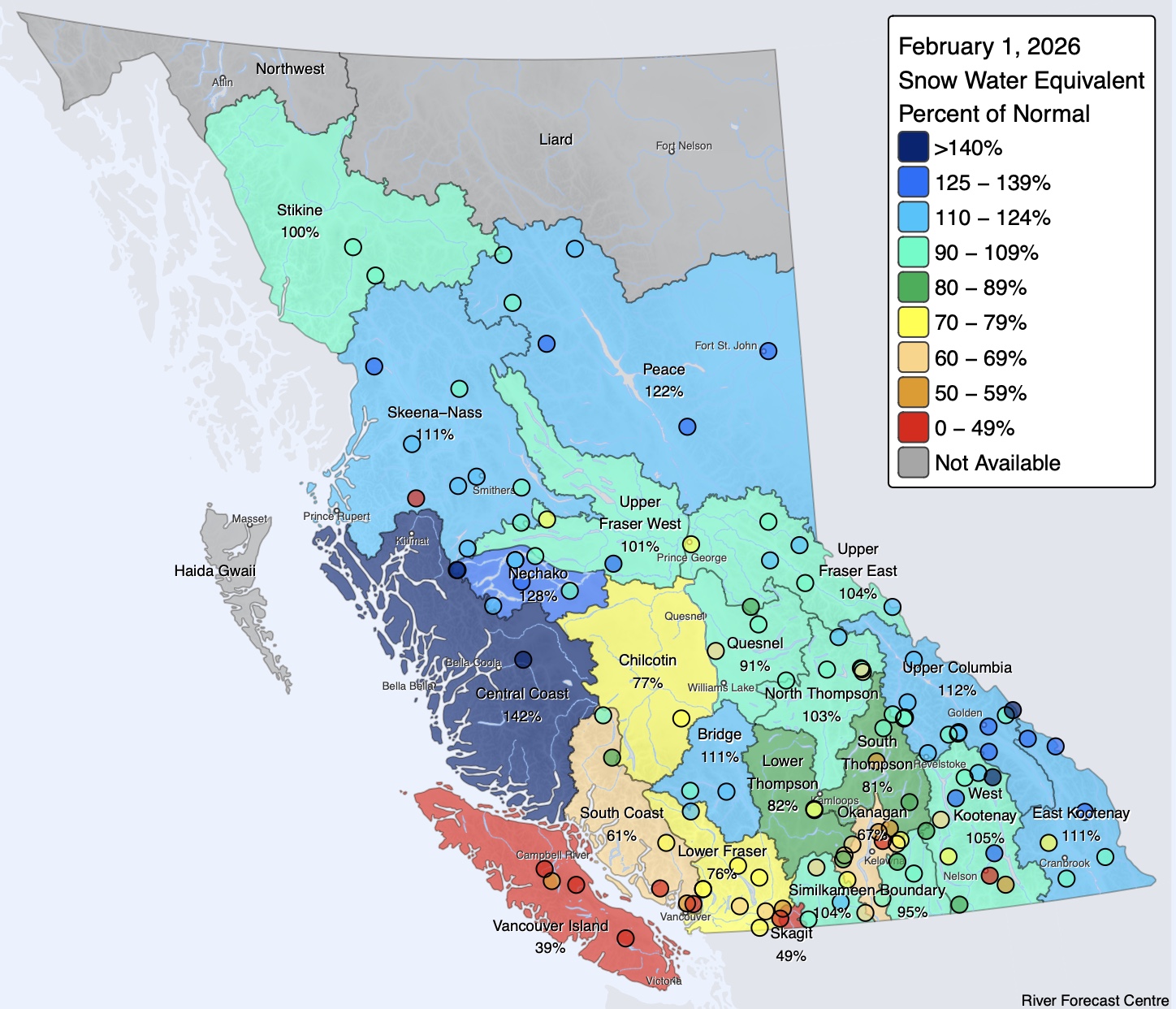 B.C. Snow Station Map − Percent of Normal