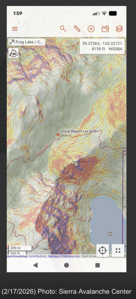 Screengrab from Sierra Avalanche Center with a pin indicating the initial report location.