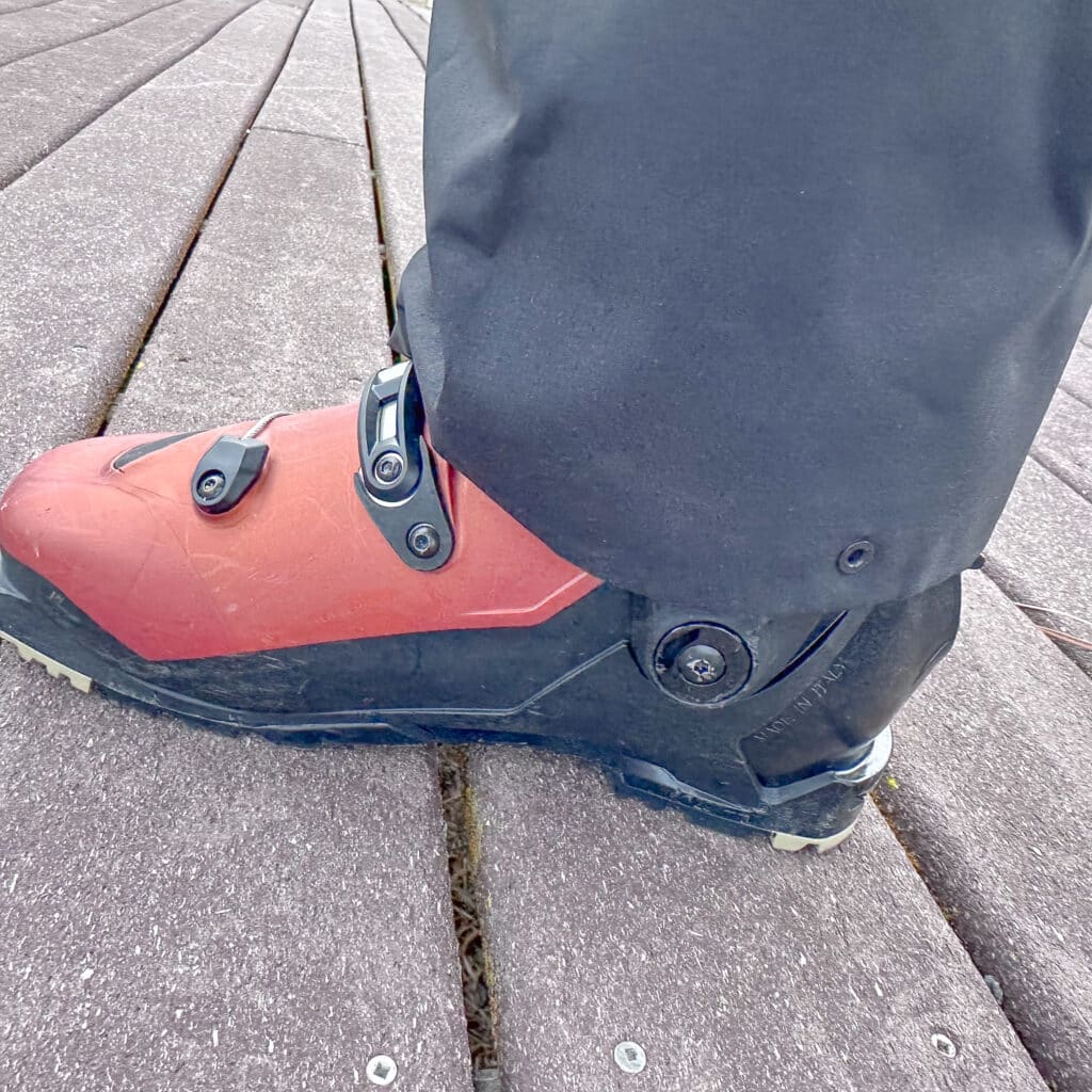 Marketed as a generalist hardshell, the cuff fits nicely over touring boots.