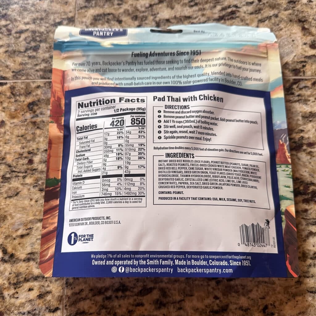 According to this nutrition label, the pad thai with chicken (with added peanut butter, which is included), packs 850 calories.