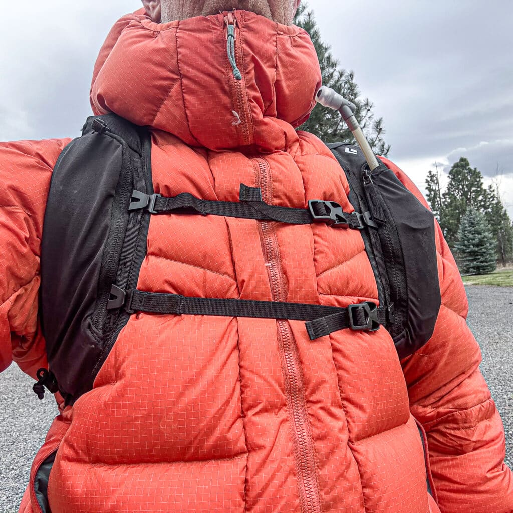 Two stretchy zipper pockets serve as the pack’s vest attributes.