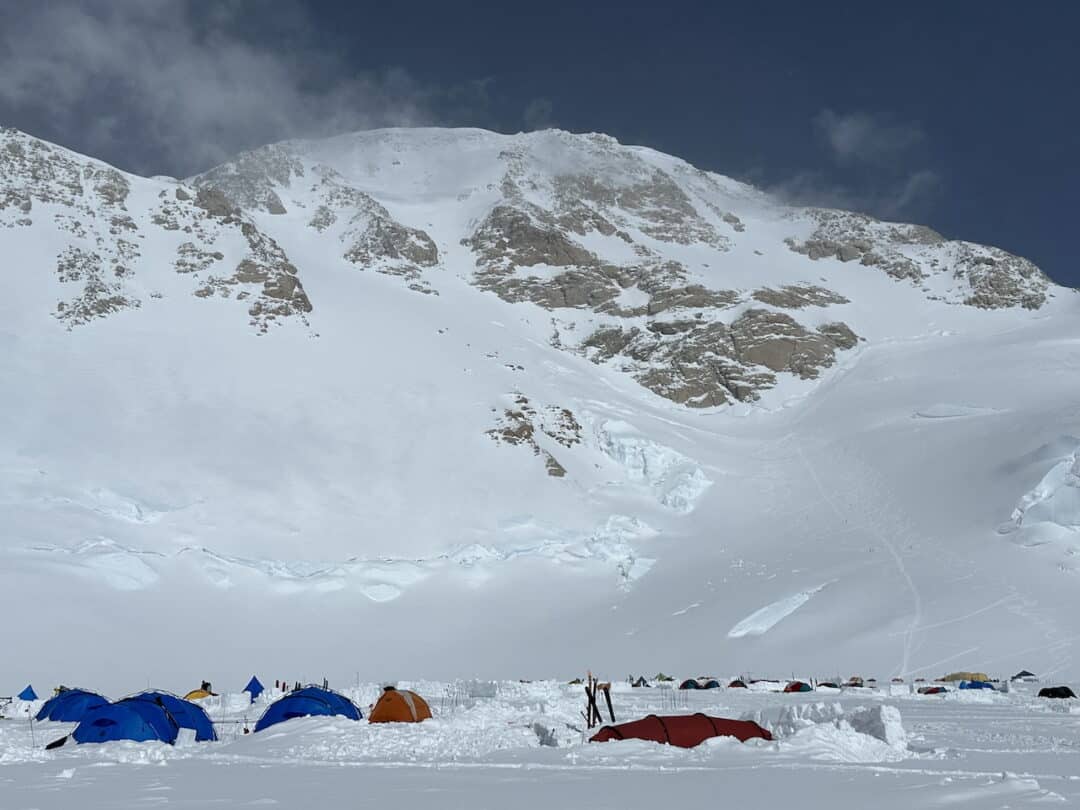 Snow-walled tents tucked in at Denali’s 14 K camp.