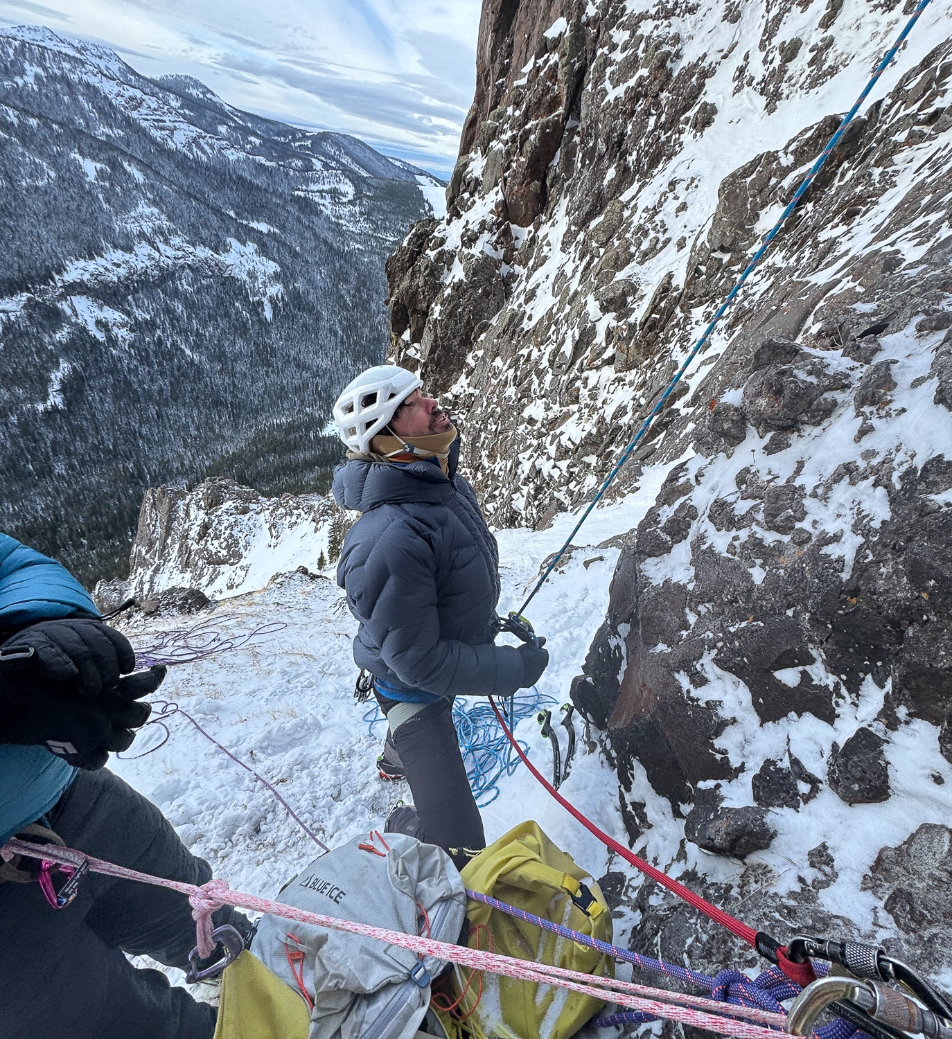 Billy Haas... in belay mode. Rest assured, he was also in ski mode plenty in the Durable Down Parka.