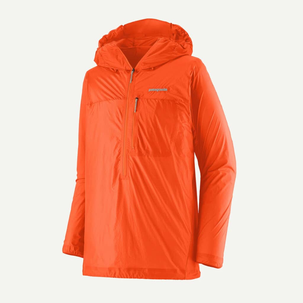 Shown here is the Men’s Houdini Rock Jacket, featuring a center-zip (think anorak), a single zip chest pocket, and a 1.2-oz 100% recycled nylon ripstop face fabric.