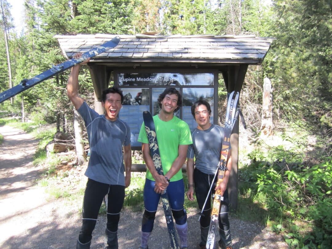 Vintage 2011 FKT (on skis), the Grand Teton. From left to right, Jason Dorais, Andy Dorais, and Jared Inouye.