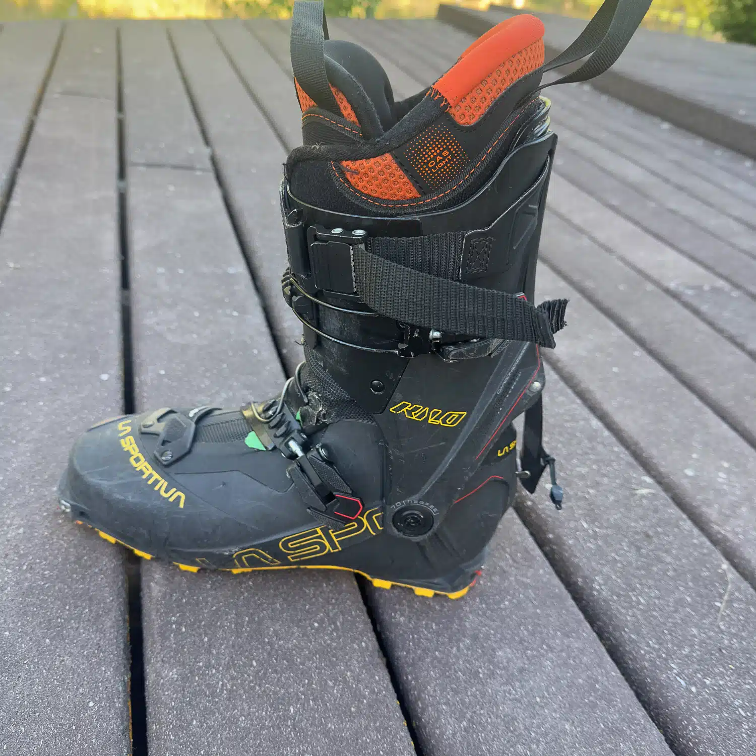 The La Spo Kilo is holding up more than fine. Here, the boot is shown with a Tecnica Zero G Tour Pro liner. It’s an upgrade regarding fit and performance over the stock liner.