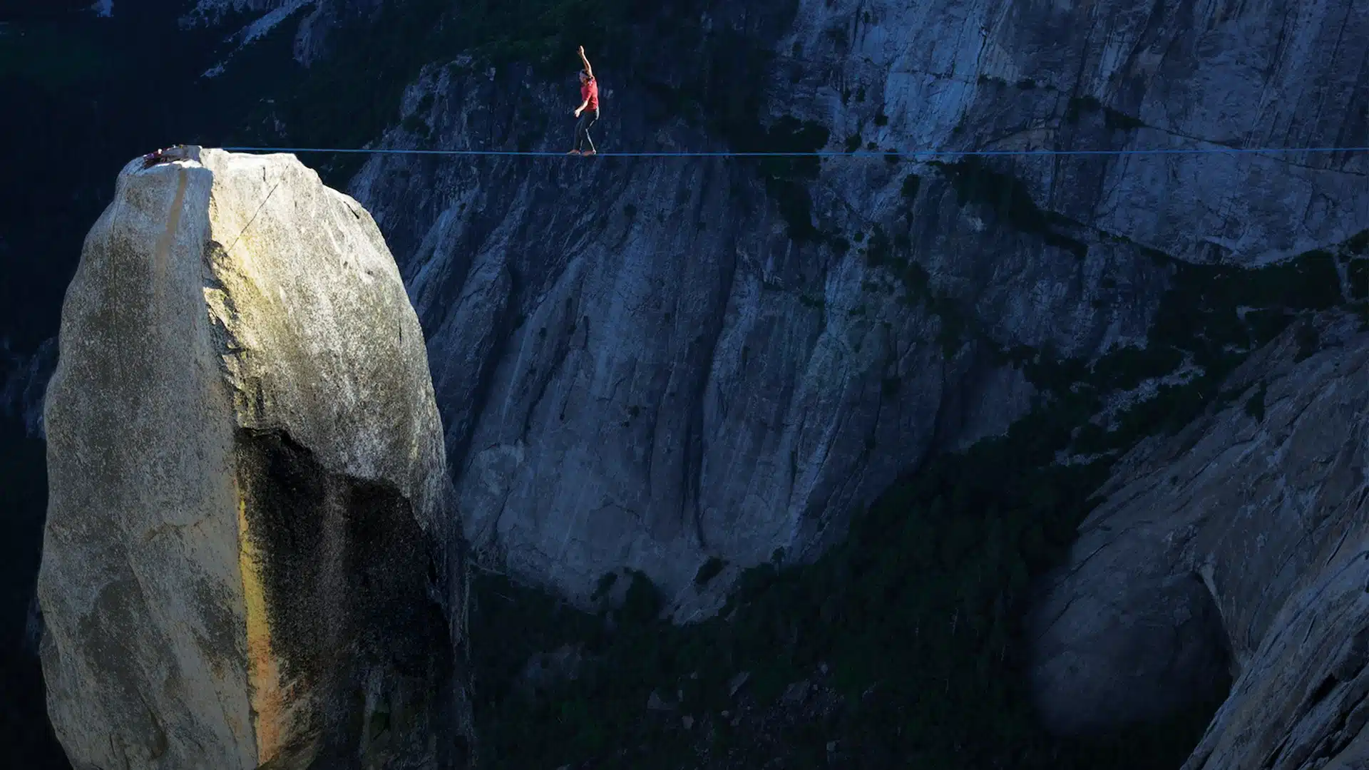 Dean Potter highlining toward Yosemite’s Lost Arrow Spire. Photo: HBO/The Dark Wizard