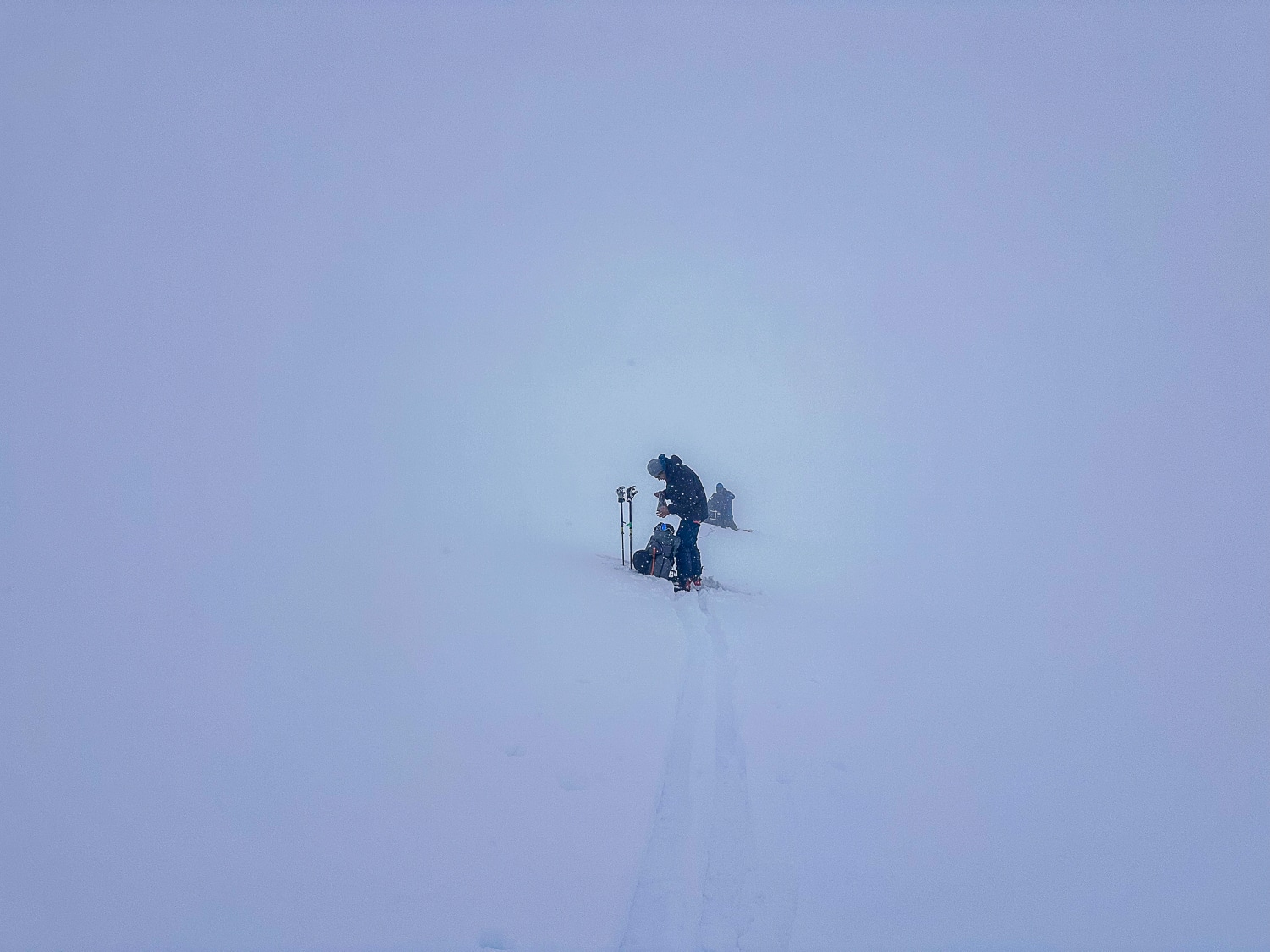 Flat-light navigation exiting the Bugaboos.