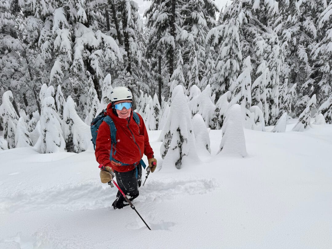 All smiles after April cone laps at 34 weeks, dressed entirely in men’s large outerwear.