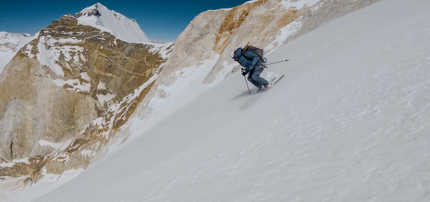 Boris Langenstein on the first ski descent of India’s Meru Central. Photo: Tiphaine Duperier