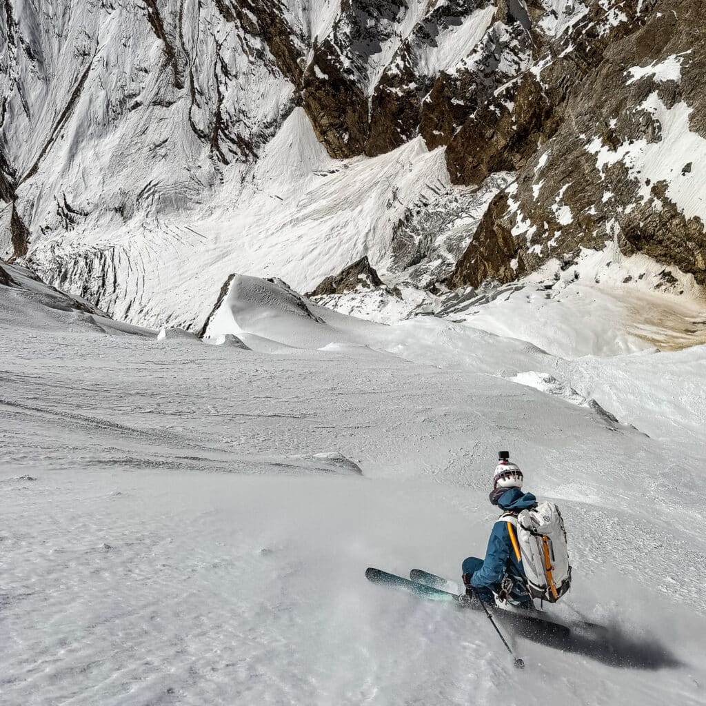 Tiphaine skiing near the middle of Meru Central’s West Face. Photo: Boris Langenstein.
