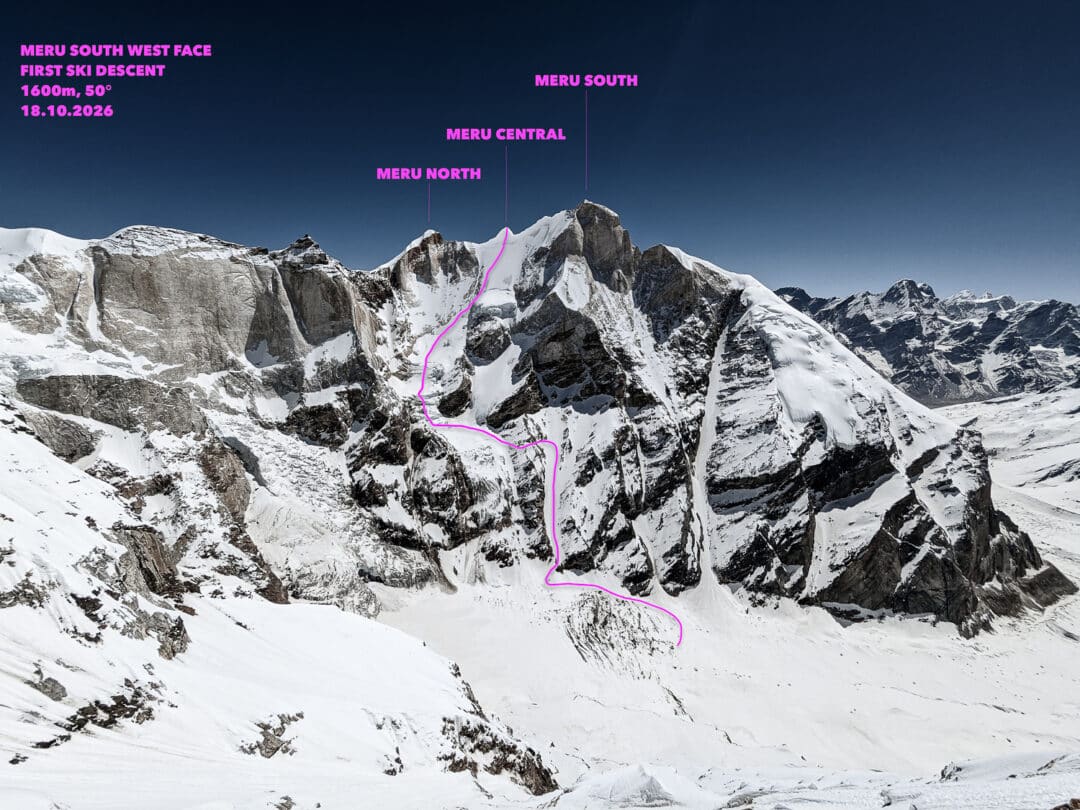 The line on the West Face of Meru Central. Map/Photo: Giripremi