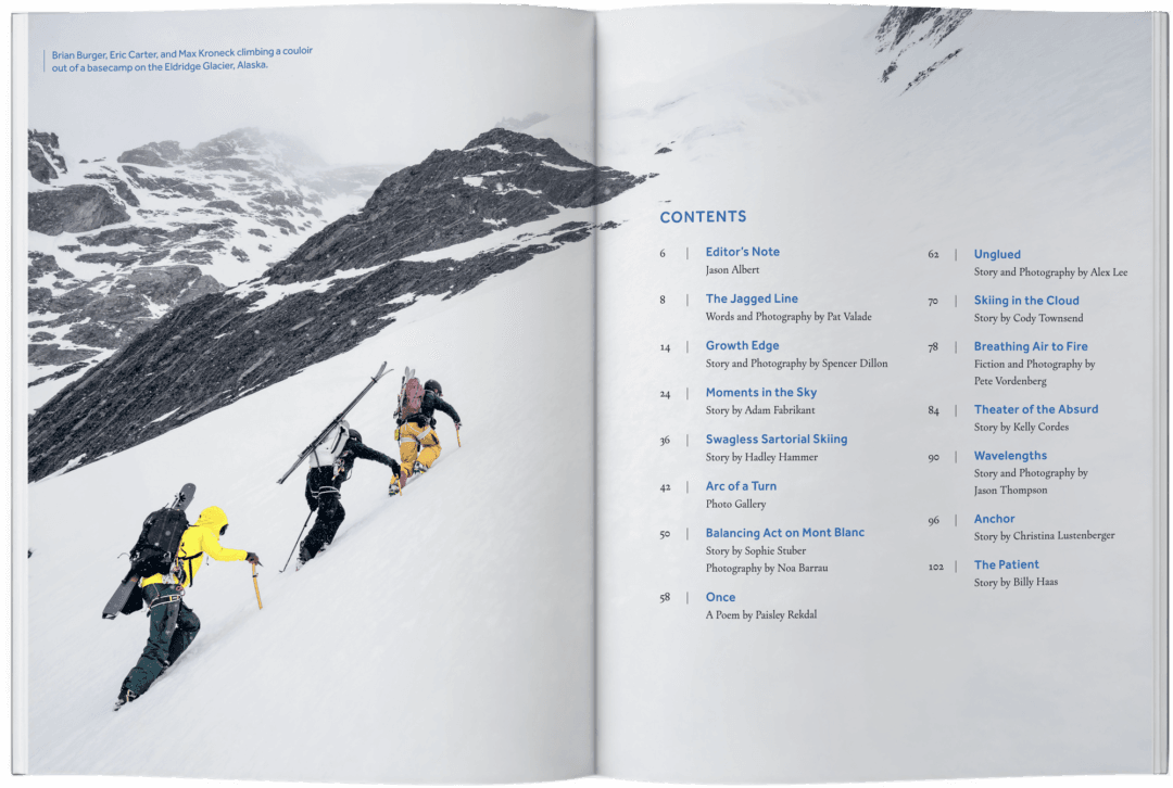 Brian Burger, Eric Carter, and Max Kroneck ascend a couloir off the Eldridge Glacier. Photo: Pat Valade